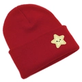 Detail of red knit beanie featuring a gold star patch with a smiley face embroidery - Burgundy