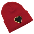 Detail of red knitted beanie featuring a black heart patch with golden glitter embroidery - Burgundy