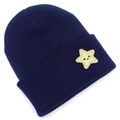 Close-up of navy knit beanie with yellow glitter star patch and smile embroidery - Navy Blue