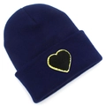 Close-up of heart patch with gold sequin trim on navy blue knitted beanie hat - Navy Blue