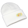 Détail du bonnet en tricot blanc avec écusson nuage jaune et broderie colorée Cute Day - Blanc