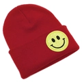 Bonnet en maille rouge vif avec un écusson classique en forme de smiley jaune pour hiver - Bordeaux