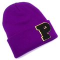 Purple knit beanie with letter P patch, stylish warm winter hat for outdoor protection - Purple