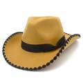 Detail of ginger yellow felt cowboy hat with black decorative bow and stitched brim - Khaki