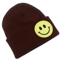 Close-up of dark brown knitted beanie featuring a bright yellow glitter smiley face patch - Coffee