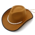 Detail of a brown cowboy hat with decorative bead chain and black wavy edge stitching - One Size / Coffee