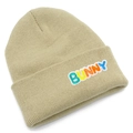 Detailed close-up of colorful Bunny letter embroidery on beige knitted beanie hat - Beige