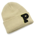 Detail of beige ribbed knit beanie featuring a fuzzy black and yellow letter P patch - Beige