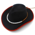 Detail of western black felt cowboy hat with red stitched edge and beaded trim band - One Size / Black