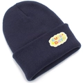 Détail de la broderie arc-en-ciel Cute Day sur un bonnet en maille côtelée bleu marine - Gris clair