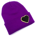 Detail of purple ribbed knit beanie featuring a black heart patch with gold glitter edge - One Size / Purple