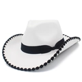 Detailed view of white felt cowboy hat with black ribbon bow and scalloped edge trim - White