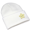 Close-up of white knit beanie featuring a yellow star patch with cute expression detail - White