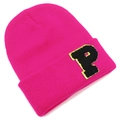 Rose red knitted beanie with letter P patch, stylish warm winter hat for outdoors - Rose Red