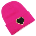 Ribbed rose red knit beanie featuring a black heart patch with gold glitter borders - Rose Red