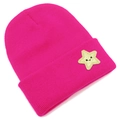 Fuchsia star beanie with a smiling face sequin patch for autumn and winter warmth - Rose Red
