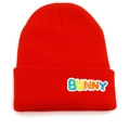 Detailed close-up of rainbow BUNNY embroidery on a red knitted winter beanie - Red