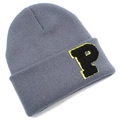 Close-up of the fine knit texture and embroidered black letter P on a grey beanie hat - Gray
