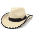 Detail of beige felt cowboy hat showing black stitched edges and grosgrain bow band - Beige
