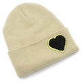 Chic beige knit beanie with heart patch and gold sequins for winter styling - One Size / Beige