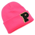 Detail of hot pink knit beanie featuring a P-letter patch with gold embroidered edges - Deep Pink