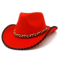 Detail of red western cowboy hat featuring braided rope trim and scalloped edge stitching - One Size / Red