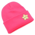 Detail of rose pink ribbed knit beanie with sparkling gold star and smiley patch - Deep Pink
