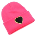 Close-up detail of knitted texture and black heart patch on hot pink winter beanie hat - Deep Pink