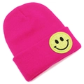Bonnet en maille côtelée rose avec écusson smiley jaune pailleté pour look d'hiver - Rose rouge