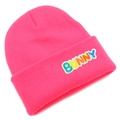 Detailed view of the bright pink knit beanie featuring colorful 3D Bunny embroidery - Deep Pink