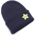 Detail of navy knit beanie with a cute golden glitter star badge and rib-knit texture - Dark Gray