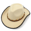 Detail of western cowboy hat featuring multi-color braided rope and wave trim - One Size / Beige