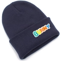 Close-up of dark blue knit beanie featuring colorful Bunny chenille embroidery detail - Dark Gray