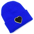 Blue knit beanie with gold-trimmed heart patch in a minimalist ribbed style - Sapphire Blue