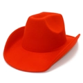 Detail view of a bright red wool felt western cowboy hat with a curled brim and wide top - Red
