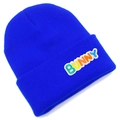 Detailed knit texture and colorful Bunny letter embroidery on bright blue beanie hat - Sapphire Blue