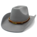 Grey wool felt western cowboy hat with brown band and golden metal feather ornament - One Size / Gray