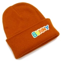 Caramel knitted beanie hat with colorful BUNNY embroidery for autumn and winter warmth - Caramel color