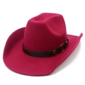 Detail of rose red wool felt cowboy hat with black leather band and gold metal buckle - One Size / Burgundy