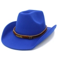 Close-up of royal blue wool cowboy hat with brown braided band and gold feather metal trim - One Size / Royal Blue