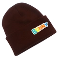 Close-up detail of colorful BUNNY letter embroidery on deep brown knitted beanie hat - Coffee