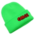 Neon green knitted beanie featuring bold red OMG! embroidery for winter warmth - Green