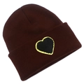 Detail of dark red knit beanie showing a black heart patch with gold glitter embroidery - Coffee