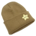Detail of khaki ribbed knit beanie featuring a shimmering gold star patch with a smiley face - Khaki