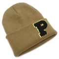 Detail of khaki ribbed knit beanie featuring a fuzzy black letter P patch with gold trim - Khaki