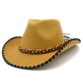 Mustard yellow felt western cowboy hat with colorful woven band and black stitched brim - One Size / Khaki