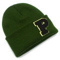 Detail of dark green knit beanie with a stylish P letter patch and golden metallic border - Army Green