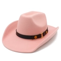 Classic pink wool felt western cowboy hat with black leather band and gold metal hardware - One Size / Pink