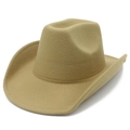Detail of camel wool felt cowboy hat showing wide brim stitching and high crown texture - Camel