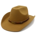 Detail of western fedora hat with brown braided band and gold feather metal accessory - One Size / Khaki